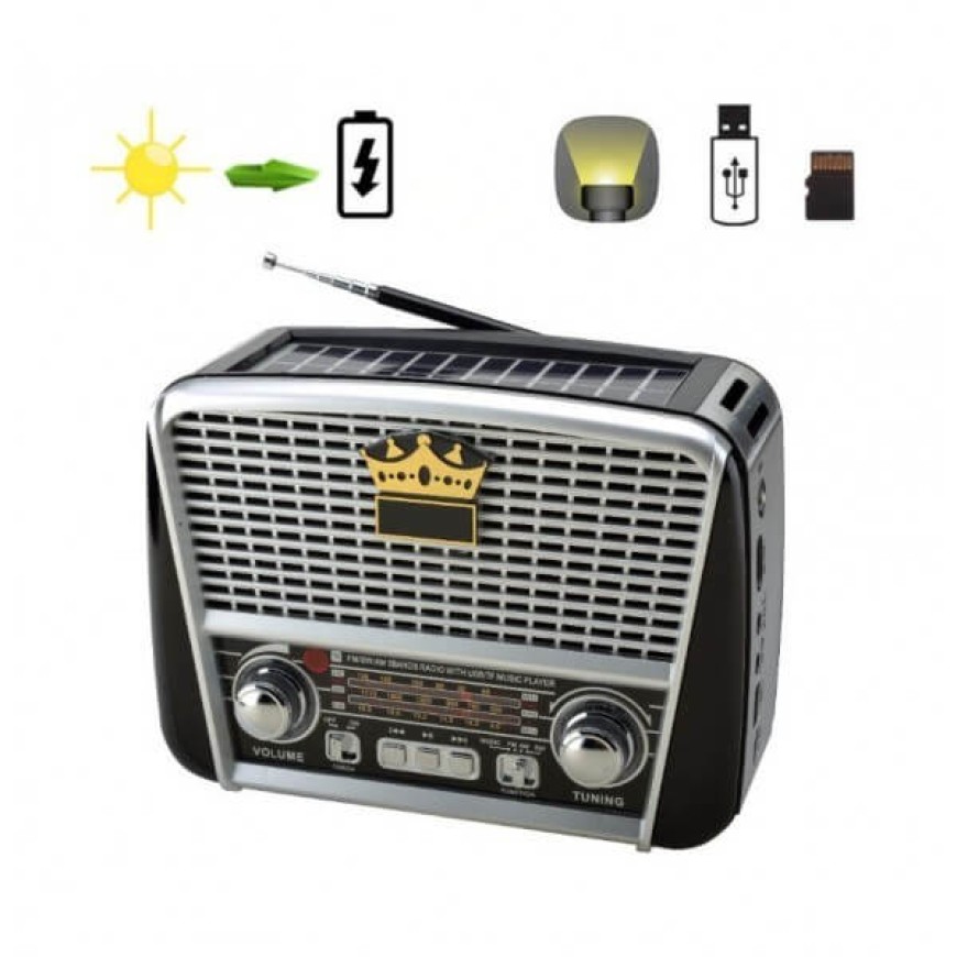 Ретро радио FM/AM/SW, соларен панел, акумулаторна батерия, Bluetooth, USB, TF