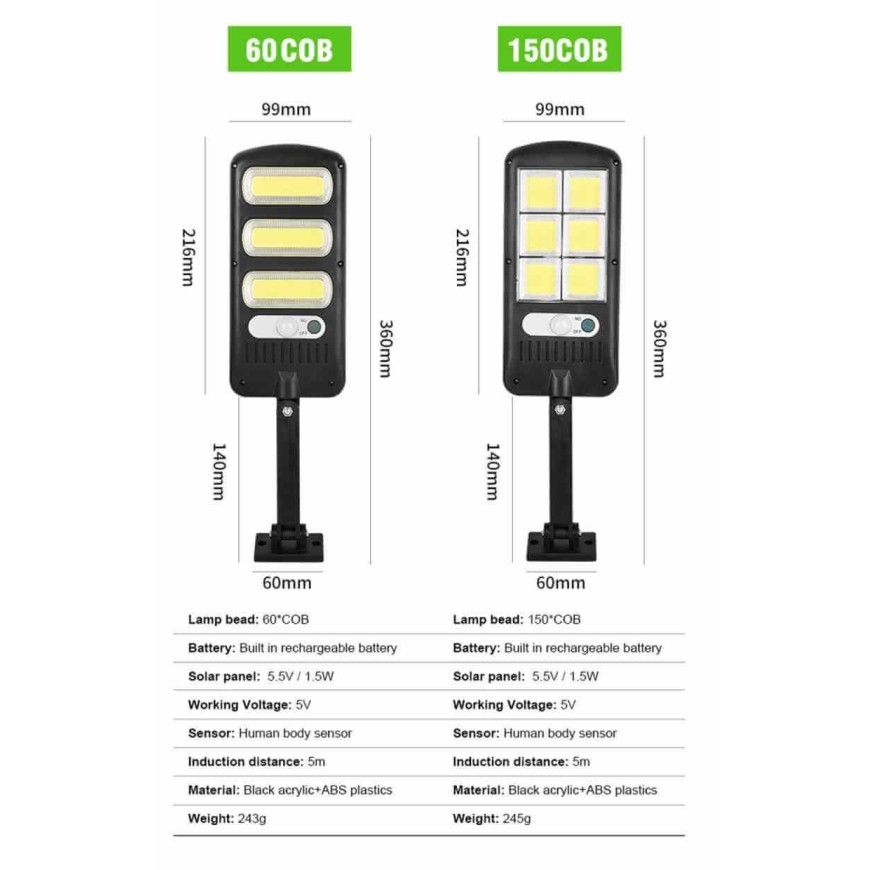 Улична LED лампа COB 21/10см ,три индукционни режима, соларен панелн, стойка