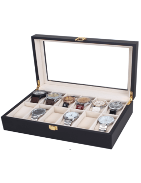 Дървена кутия за часовници  W74, черен цвят, 12 гнезда