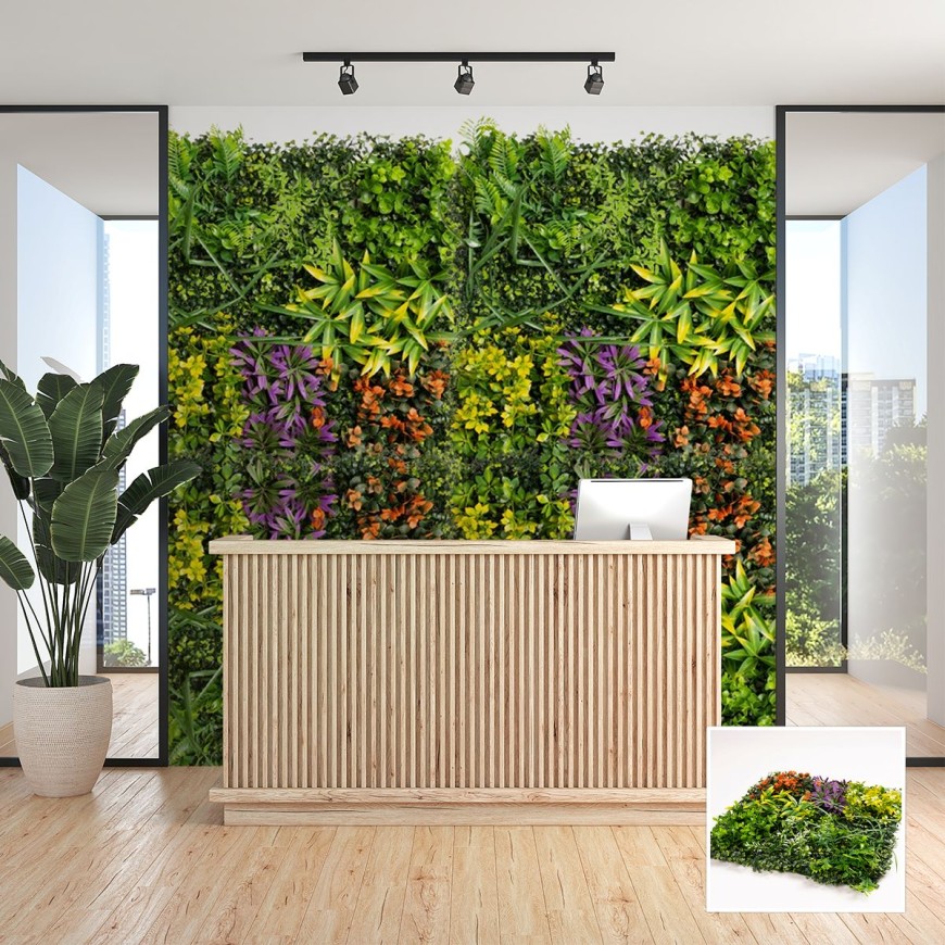 Зелено изкуствено пано с цветни растения E002|50х50 см|стени и и тавани Зелено изкуствено пано с цветни растения E002|50х50 см|стени и и тавани